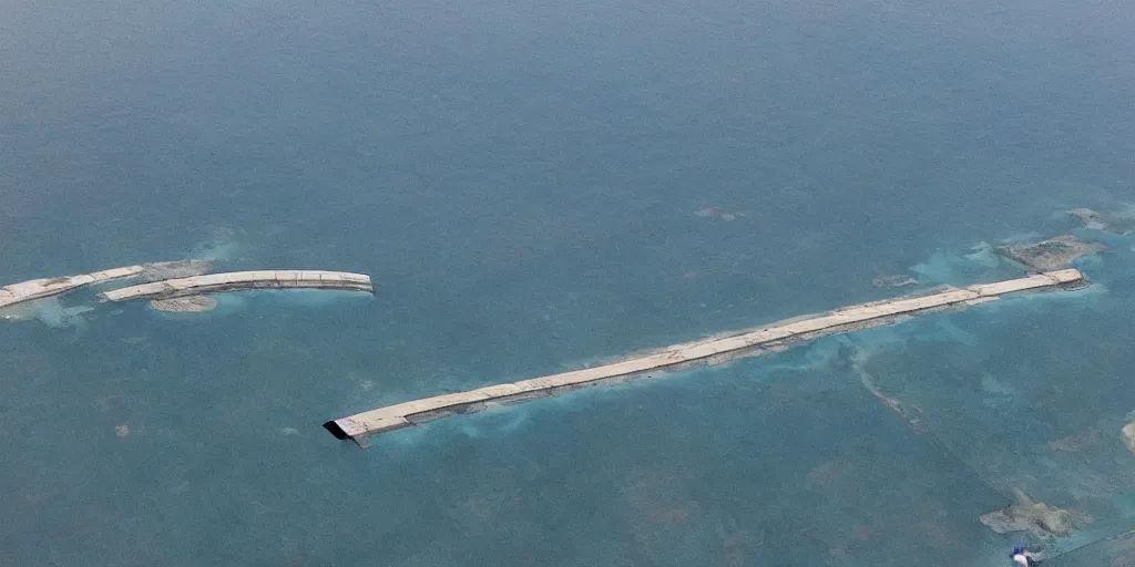 Image similar to aerial view of sunken airport at the bottom of the ocean. submerged airport. in the style of Caspar David Friedric.