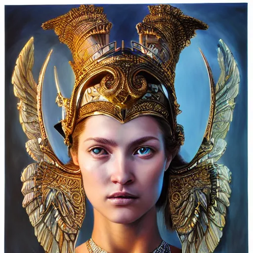 Image similar to hyperrealistic mixed media painting of beautiful goddess Athena, stunning 3d render inspired art by P. Craig Russell and Barry Windsor-Smith, perfect facial symmetry, dim volumetric lighting, 8k octane beautifully detailed render, post-processing, portrait, extremely hyper-detailed, intricate, epic composition, brown eyes, realistic realistic realistic eyes, cinematic lighting, masterpiece, trending on artstation, detailed detailed detailed, masterpiece, stunning