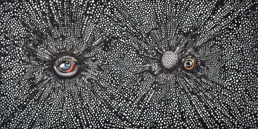 Prompt: deconstructed eye camo, technical, acrylic, teeth, eerie, tribal, clay, dotting, lines, stipple, points, cybernetic, style of old painting, francis bacon art, sleep paralysis, hypnosis, eerie, terror, oil, neon, black and white, splotches, colorful dots, ominous, abstract