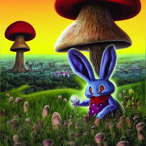 Image similar to 4 k headshot portrait of a psychedelic demonic anthropomorphic bunny rabbit with mushroom themed clothes, magic mushroom village in background by jeff easley, award winning, stylized neon, post - processing, masterpiece, superb resolution. in the art style of junji ito and greg rutkowski. detailed mushroom city in background. hyper realistic anime. perfect art. dalle 2