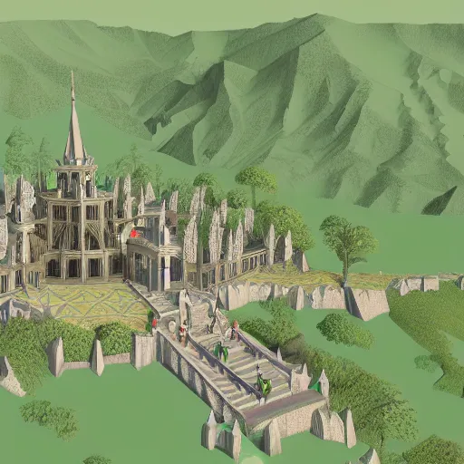 Prompt: a low poly, isometric view of rivendell, highly detailed render