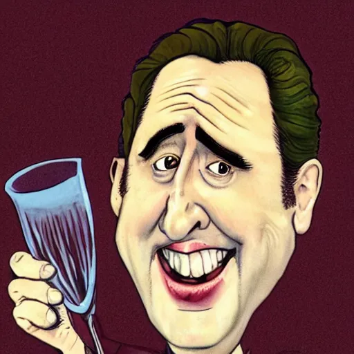 Prompt: caricature of maynard Nicolas Cage drinking a glass of wine, colorized