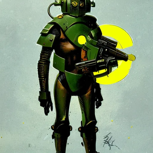Image similar to portrait of a mutant chronicles bauhaus doomtrooper, wearing green battle armor, a yellow smiley sticker centered on helmet, by greg rutkowski