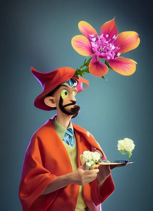 Image similar to an anthropomorphic beautiful male scientist portrait holding a flowers wearing colourful robe, fine art, award winning, intricate, elegant, sharp focus, octane render, hyperrealistic, wizard hat cinematic lighting, highly detailed, digital painting, 8 k concept art, art by jamie hewlett and z. w. gu, masterpiece, trending on artstation, 8 k