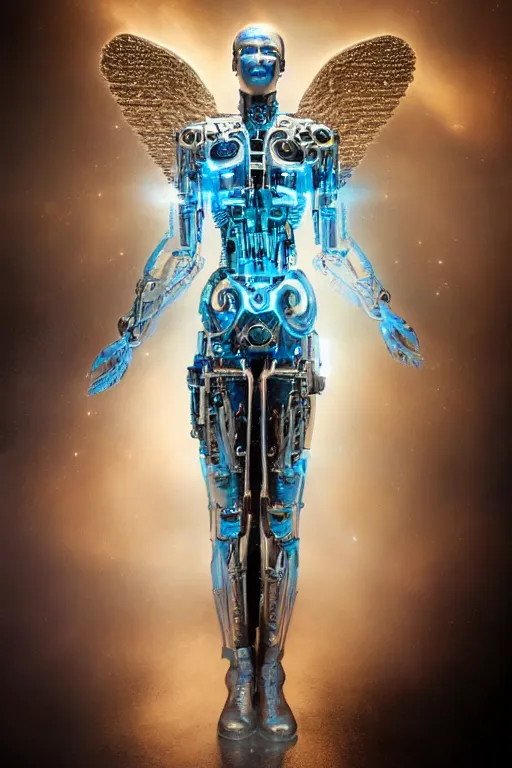 Prompt: a beautiful ultradetailed fine art photo of a cybernetic cyborg angel set against galactic space, by tom bagshaw and zach sutton, portrait, soft backlighting, cybernetic implants on the face, 5 0 mm lens, golden ratio composition, detailed faces, studio lighting, very detailed, mechanical robot neon wings, artstation, 8 k, highly coherent