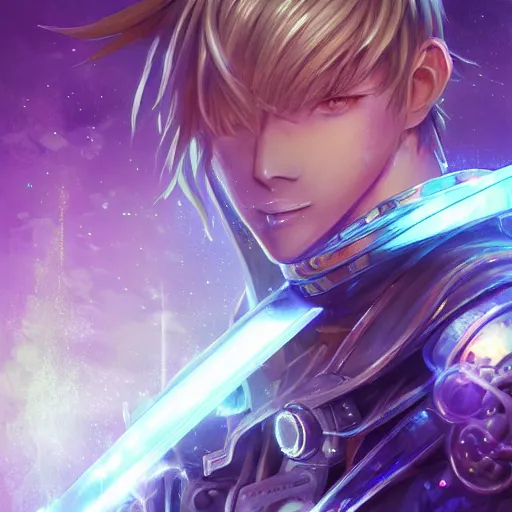 Prompt: anime fantasy portrait artwork of a hooded intricate cybernetic sorcerer warrior character with high quality glistening beautiful colors, rich moody atmosphere, reflections, specular highlights, omnipotent, glowing skin, realistic detailed background, brandishing iridescent cosmic sword, colourful 3 d crystals and gems, portrait by makoto shinkai and greg rutkowski