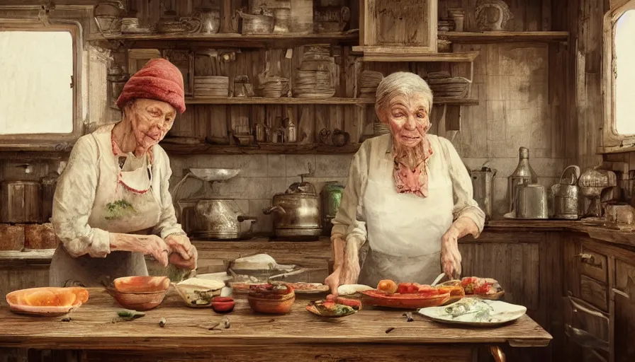 Image similar to old russian lady cooking in her old 1 9 0 0's kitchen, old house, old wooden table, pan and plates, hyperdetailed, artstation, cgsociety, 8 k