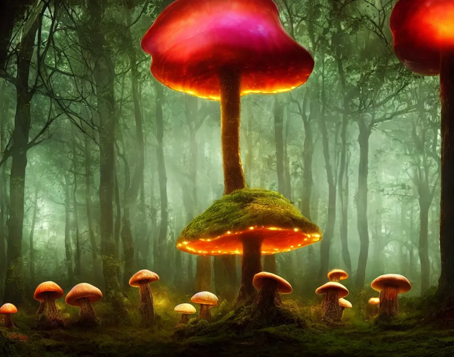 Prompt: a weird magical forest with giant glowing mushrooms made entirely out of brains. Highly detailed. 8k. Fantasy horror.