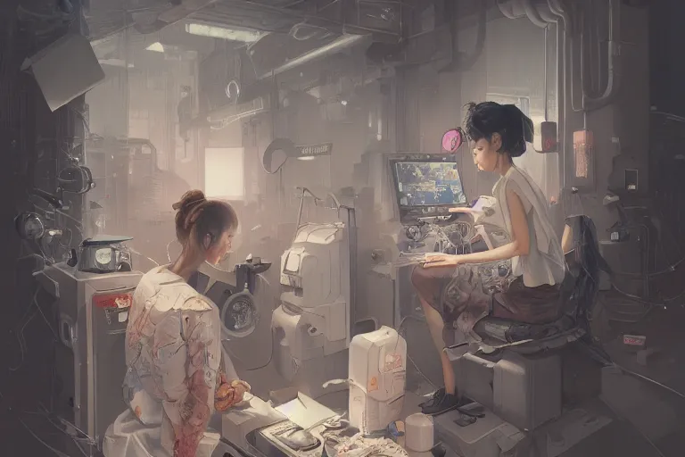 Image similar to hyperrealistic photography of a machine entering a female host in the style of Jin Kagetsu, James Jean and wlop, highly detailed, sharp focus, intricate concept art, digital painting, ambient lighting, 4k, artstation