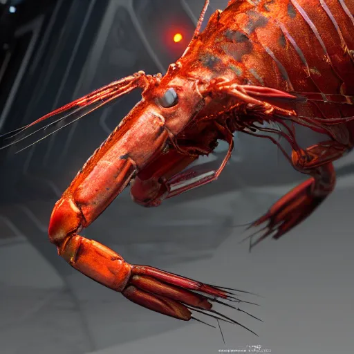 Image similar to a cyberpunk shrimp god villain, studio, studio background, sharp focus, dynamic lights, still, photograph, hyper realistic, masterpiece, digital, octane render, rendered, 3 d, blender, 3 d software, cinematic, cinematic lighting, dramatic lighting, dramatic