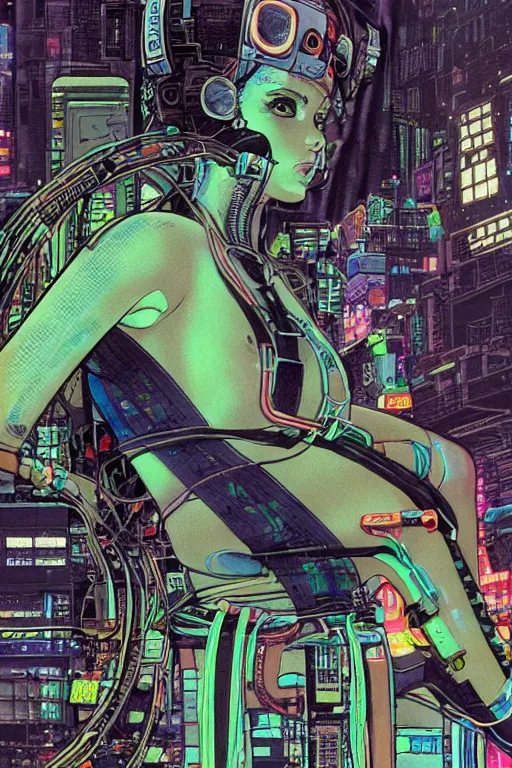 Image similar to an hyper-detailed cyberpunk illustration of a female android seated on the floor in a tech labor, seen from the side with her body open showing cables and wires coming out, by masamune shirow, and katsuhiro otomo, japan, 1980s, centered, colorful