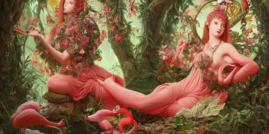 Image similar to breathtaking detailed concept art painting of the goddess of flamingo, orthodox saint, with anxious, piercing eyes, ornate background, amalgamation of leaves and flowers rafflesia arnoldii, by Hsiao-Ron Cheng and John James Audubon, extremely moody lighting, 8K