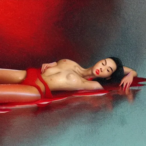 Image similar to Kiko Mizuhara full body laying in a blood red pool of water between a golden mirror frame, outside is space and inside the mirror frame is a beautiful landscape., physically accurate, dynamic lighting, intricate, elegant, highly detailed, digital painting, artstation, HR GIGER, very very Roberto Ferri, Hieronymus Bosch, Francis Bacon, concept art, smooth, sharp focus, illustration, art by artgerm and greg rutkowski and alphonse mucha