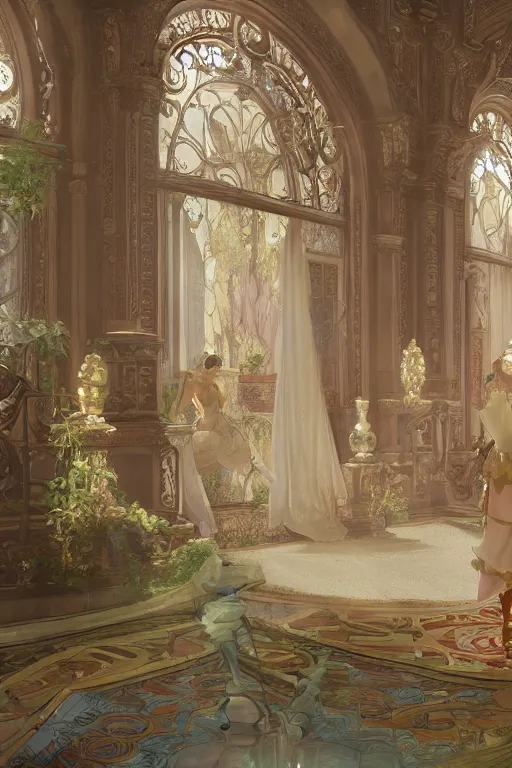 Image similar to Inside a beautiful Palace in the paradise by Krenz Cushart, Mucha, Rococó, trending on artstation, artstationHD, artstationHQ, 4k, 8k