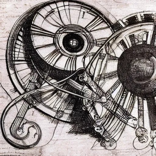 Image similar to music machine designed by di fate drawn by da vinci, detailed pen and ink illustration