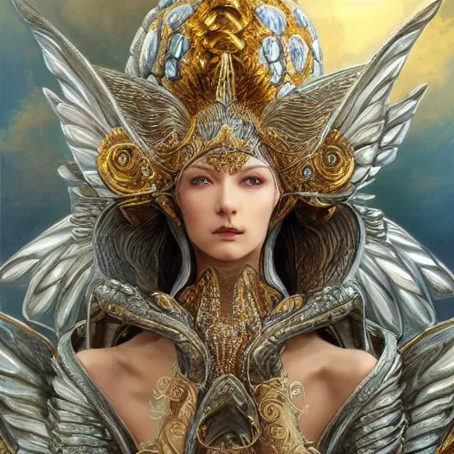 Prompt: a beautiful angel with 3 heads wearing a silver armor with golden ornaments and diamonds jewelry, wings by alex gray and android jones, karol bak, ayami kojima, amano, concept art, character design, fantasy, 3 d, 8 k resolution