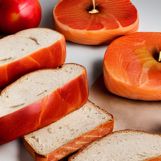 Image similar to hot slices of bread filled with freshly - caught salmon and red apple, 8 k resolution, food photography, studio lighting, sharp focus, hyper - detailed