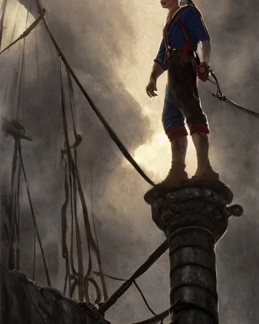 Image similar to tom holland as a pirate, standing on the mast, realistic shaded lighting poster by greg rutkowski, cinematic lighting, sharp focus, highly detailed attributes and atmosphere