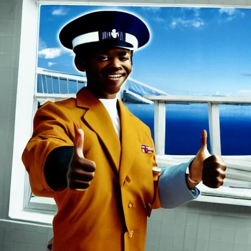 Image similar to a man in a sailor's uniform giving a thumbs up, a stock photo by Ray Parker, shutterstock, afrofuturism, bob ross, toonami, groovy