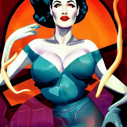 Image similar to a retro sci - fi pinup illustration of dita von teese in the style of anna dittmann and in the style of alex maleev.