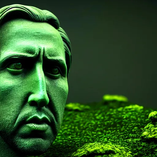 Prompt: Nicolas Cage underwater mossy statue, green moss all over, bottom of the ocean, deep ocean, bottom of ocean, dark, 35mm, fish, 4k, detailed, photorealistic, photo, unreal engine 5, Atlantis