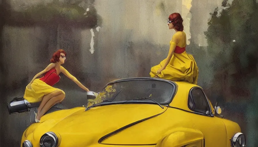 Image similar to a picture of a yellow-car parked next to a red-hydrant with a woman in a yellow-dress sitting on the hood, BEUTIFUL!, surreal, in style of Tom Bagshaw, artgerm, norman rockwell, Edward Hopper