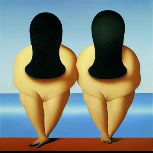 Prompt: The Lovers I, by Rene Magritte, made in 2022