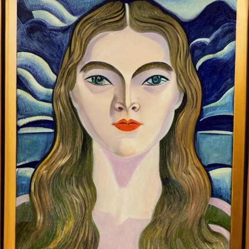 Prompt: professional painting of Elle Fanning in the style of William Zorach, head and shoulders portrait, symmetrical facial features, smooth, sharp focus, illustration, intricate, stormy weather, extremely detailed masterpiece,