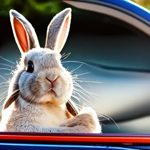 Image similar to a cute bunny driving a convertible, studio photo, high quality