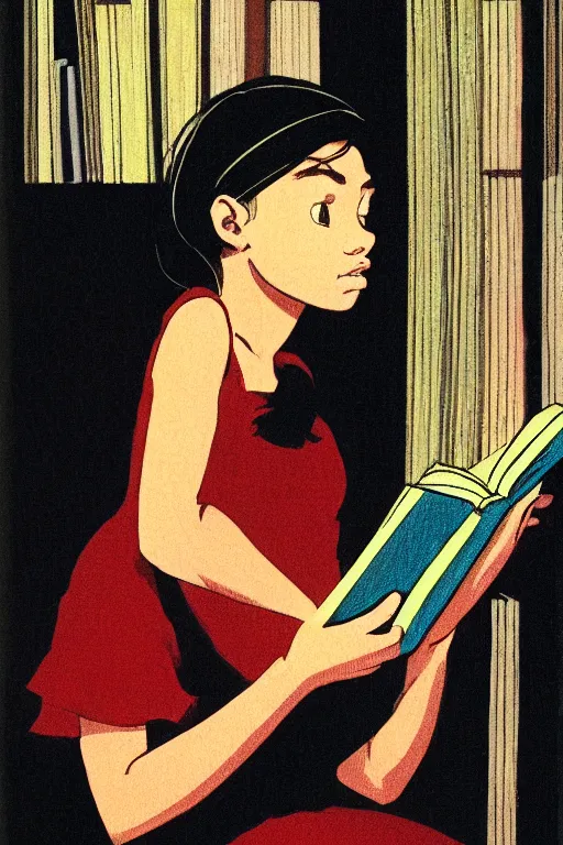 Image similar to a portrait of a girl reading a book, highly detailed, by frank miller, masterpiece, sharp focus, cinematic lightning