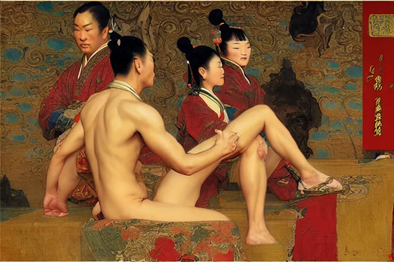 Prompt: ancient tang dynasty, painting by gaston bussiere, craig mullins, j. c. leyendecker, tom of finland