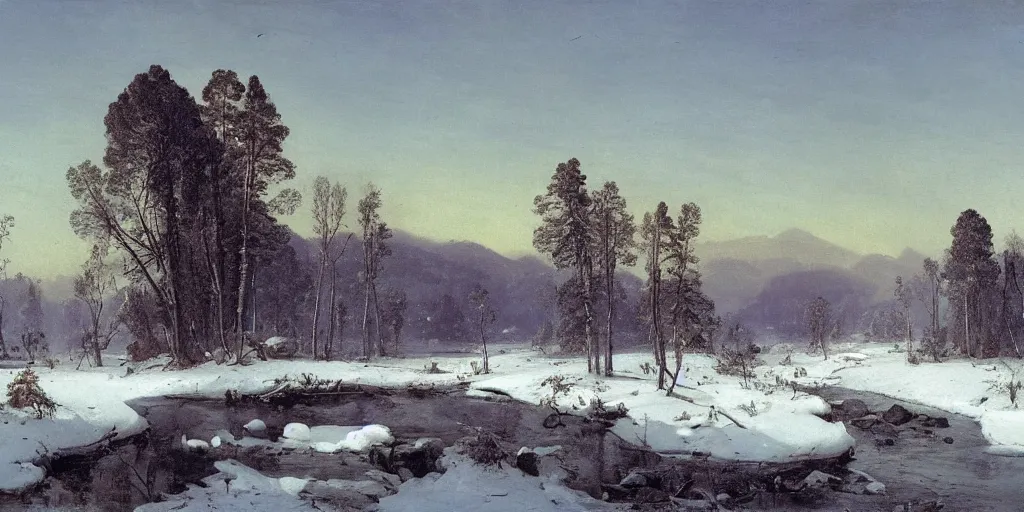 Image similar to winter landscape with a giant monster spider, faint sunrise, lush field, forest, frozen river, matte painting, by Isaac Levitan and Asher Brown Durand