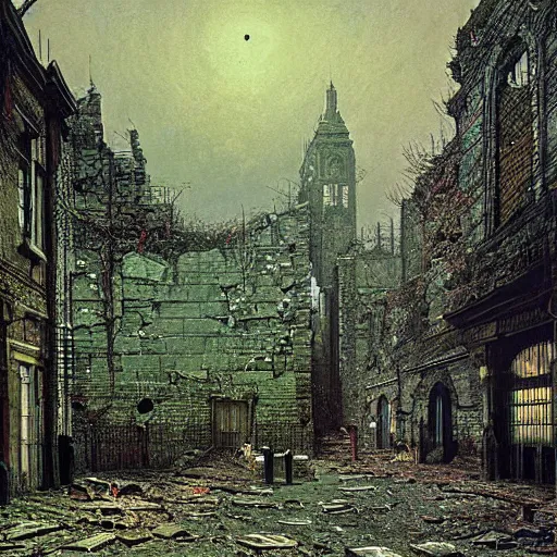 Prompt: the dead city, ruined buildings like broken teeth, artwork by John Atkinson Grimshaw