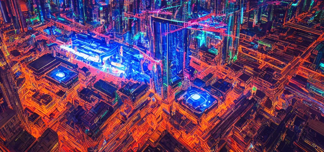 Image similar to chinese cyberpunk palace, cyberpunk, futuristic, ultra wide angle, photograph, sharp focus, intricate detail, drone shot, neon streetlights, holographic advertising board hanging everywhere, high resolution, 8 k