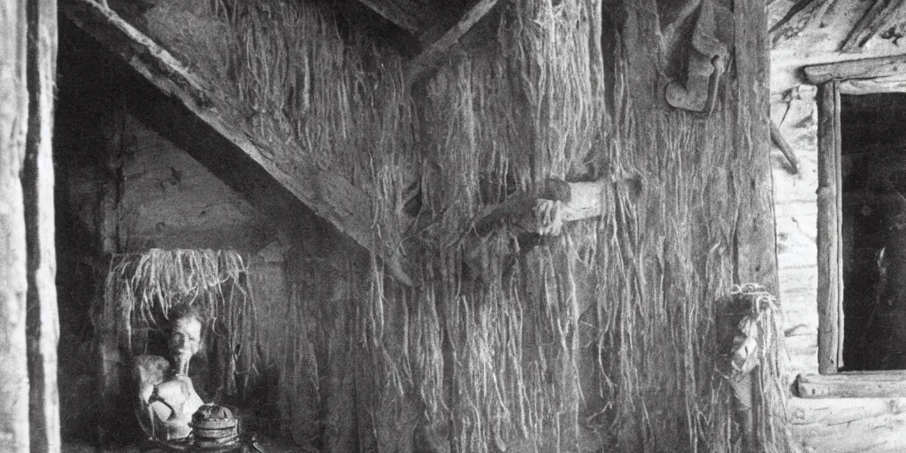 Prompt: 1 9 2 0 s spirit photography of an ghost watching through a window in an old farmers hut in the dolomites, by william hope, farmer tools, wooden cross, bones, haystack, dark, eerie, grainy