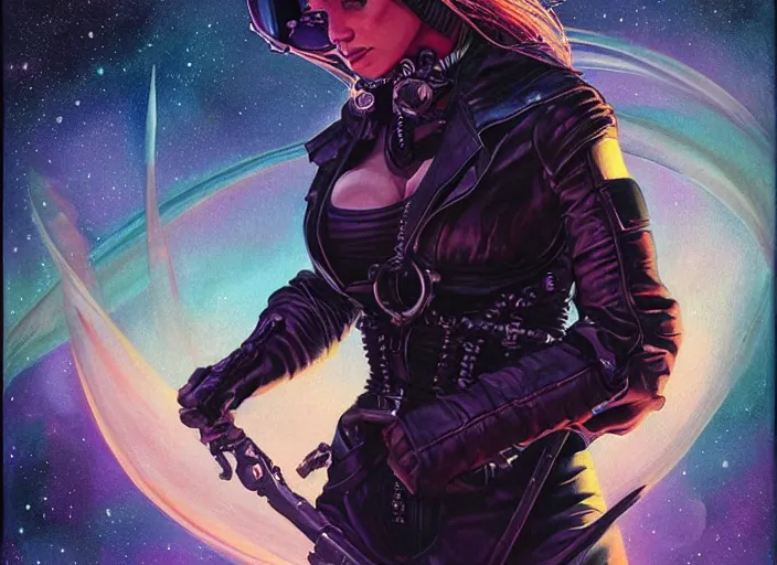 Image similar to portrait of female space pirate, night sky background, beautiful! coherent! by brom, deep color, strong line, high contrast