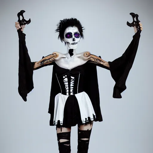 Image similar to a portrait of a scrawny teenage girl with short black hair and black irises. black and white skull facepaint. pointed face. black robes, corset of rib bones, femme-androgynous. surrounded by skeletons. holding a skull. black white and light blue color scheme, oil painting, matte painting, black background, Highly Detailed, Cinematic Lighting, Unreal Engine, 8k, HD, by Beksinski