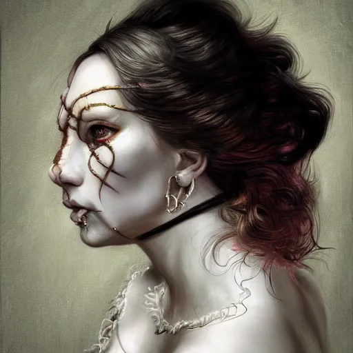 Image similar to portrait of a Shibari rope wrapped face and neck, headshot, insanely nice professional hair style, dramatic hair color, digital painting, of a old 18th century, tourist, wrap around eye patch, amber jewels, baroque, ornate clothing, scifi, realistic, hyper detailed, child, chiaroscuro, concept art, art by Franz Hals and Jon Foster and Ayami Kojima and Amano and Karol Bak,