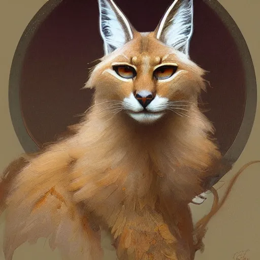 Image similar to concept art, a cute fluffy caracal, 8 k, alphonse mucha, james gurney, greg rutkowski, john howe, artstation