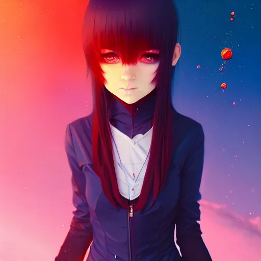 Image similar to giant droplets of water floating around rimuru tempest flying with bat wings in the sky, sky blue straight hair, bangs, with amber eyes, red tailcoat, high collar, ultra fine detail, dark theme, digital painting, psychedelic, cinematic, wlop, pixiv, ilya kuvshinov, ross tran