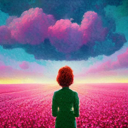 Image similar to vast flower face, girl standing in a flower field, surreal photography, sunrise dramatic light, impressionist painting, colorful clouds, digital painting, pointillism, artstation, simon stalenhag