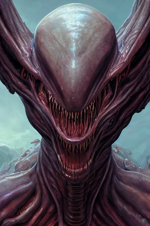 Image similar to Portrait of a Horrendous Alien, wide angle, super highly detailed, professional digital painting, artstation, concept art, smooth, sharp focus, no blur, no dof, extreme illustration, Unreal Engine 5, Photorealism, HD quality, 8k resolution, cinema 4d, 3D, beautiful, cinematic, art by artgerm and greg rutkowski and alphonse mucha and loish and WLOP