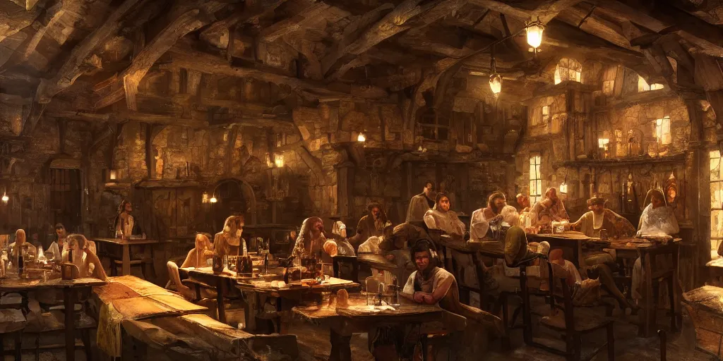 Image similar to medieval tavern painted by greg rutkowski, extremely detailed, semirealism, artstation, octane render, sharpness, 8 k, golden ratio