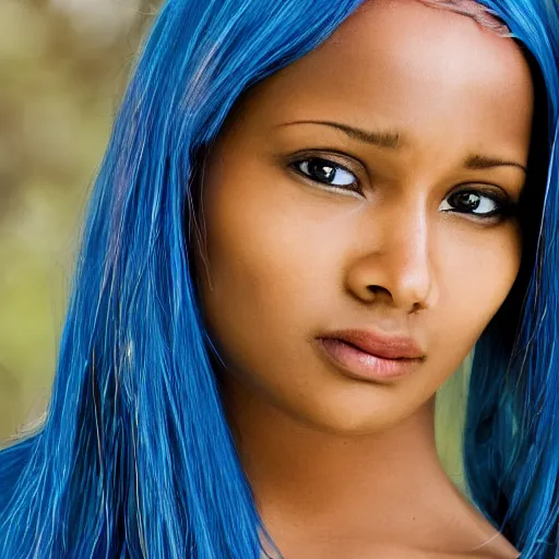 Image similar to portrait of a woman with darker skin with long blue hair and blue eyes, movie still, high definition, colored