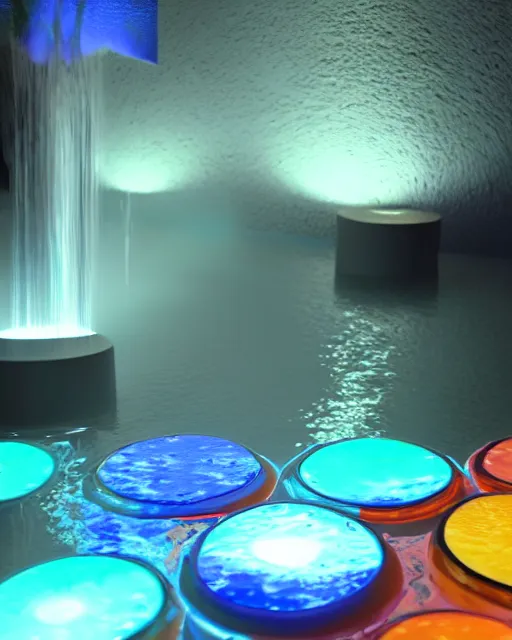 Image similar to special sleep clock, colorful water flowing from all sides, ticking sound visualized, cinematic lighting, interesting, high quality, perfect, 8 k high detail, masterpiece, trending on artstation