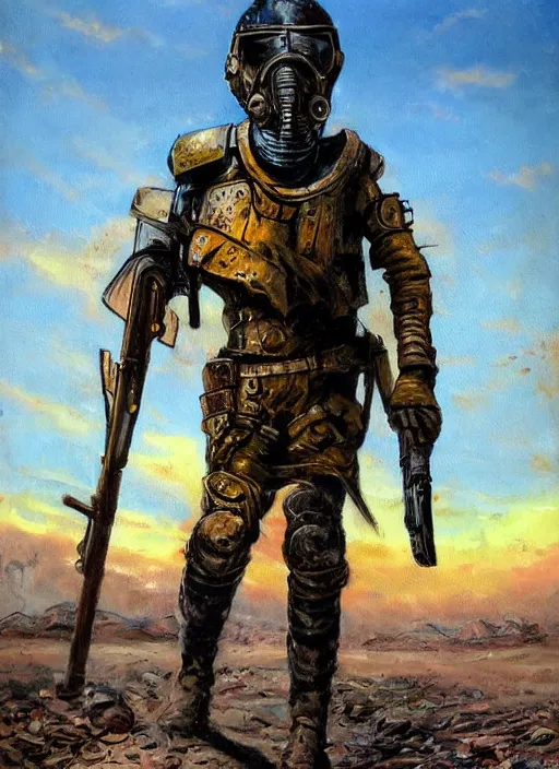 Image similar to a detailed painting of a man in post apocalyptic home made armour and a helmet holding a modified shotgun walking around a wasteland with a blue sky walking towards a sunset. hd. 1 9 5 0 s oil painting style.