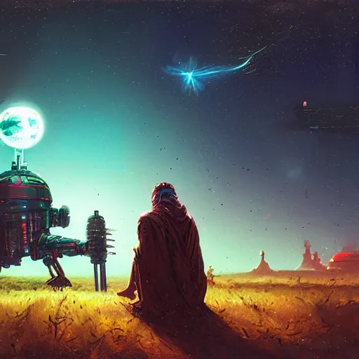 Prompt: a cyberpunk mursi elder sitting in a field under the stars with his droid in the foreground by greg rutkowski and android jones in a cyberpunk style, oil on canvas, 8k super wide angle, meteor shower