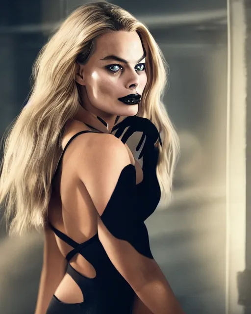 Image similar to portrait of margot robbie as cat woman, full body shot, highly detailed, detailed face, cinematic, professional photograph