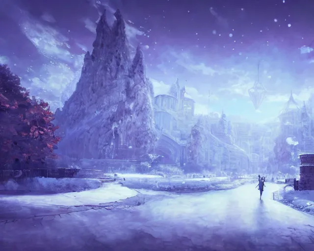 Image similar to scenery artwork, scene beautiful, light!! light essential cozy winter snow world snow and expansive dream scenery pixiv scenery art beautiful, surrealism oil on canvas, artstation!! pixiv!! dream scenery, quality astral projection render, nier automata concept art, vaporwave textures