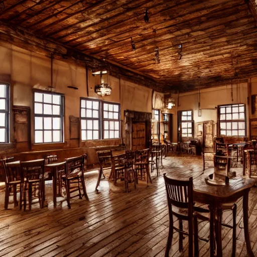 Image similar to Empty Old West Saloon at the break of day, dust particles in the air, god beams coming through the windows, hyper realistic, HD, DLSR Camera, Rococo style, Grand Piano, Staircase